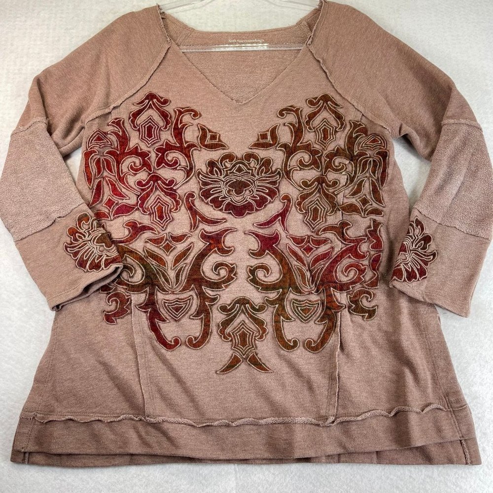 SOFT SURROUNDINGS Womens M Tan Floral Scroll Applique V-Neck Long Sleeve Tunic